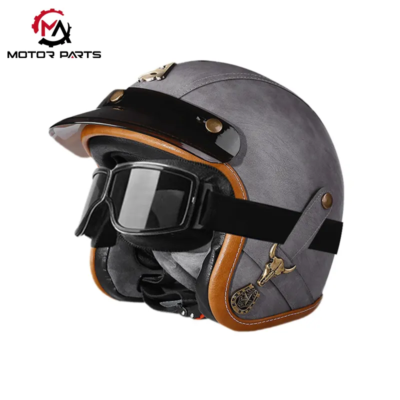Casque de moto demi-visage en cuir avec lunettes